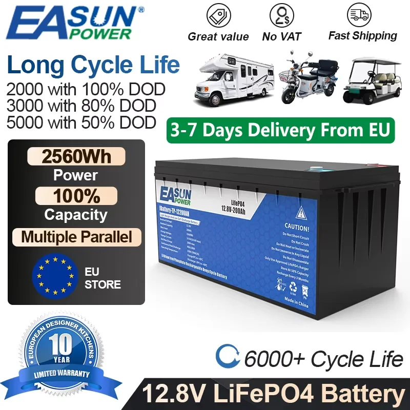 EASUN LiFePo4 Battery 12V 24V 100AH 200AH Lithium Iron Phosphate Built-in BMS Class 7000 Cycles Solar Camping EU STOCK