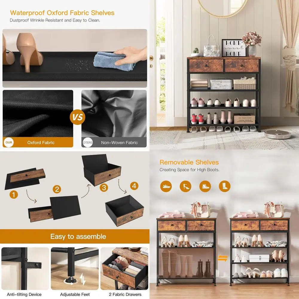 

4-Tier Shoe Storage Organizer with 2 Drawers, Metal and Wooden Top, Fabric Shelves, Entryway Shoe Stand, Rustic Brown