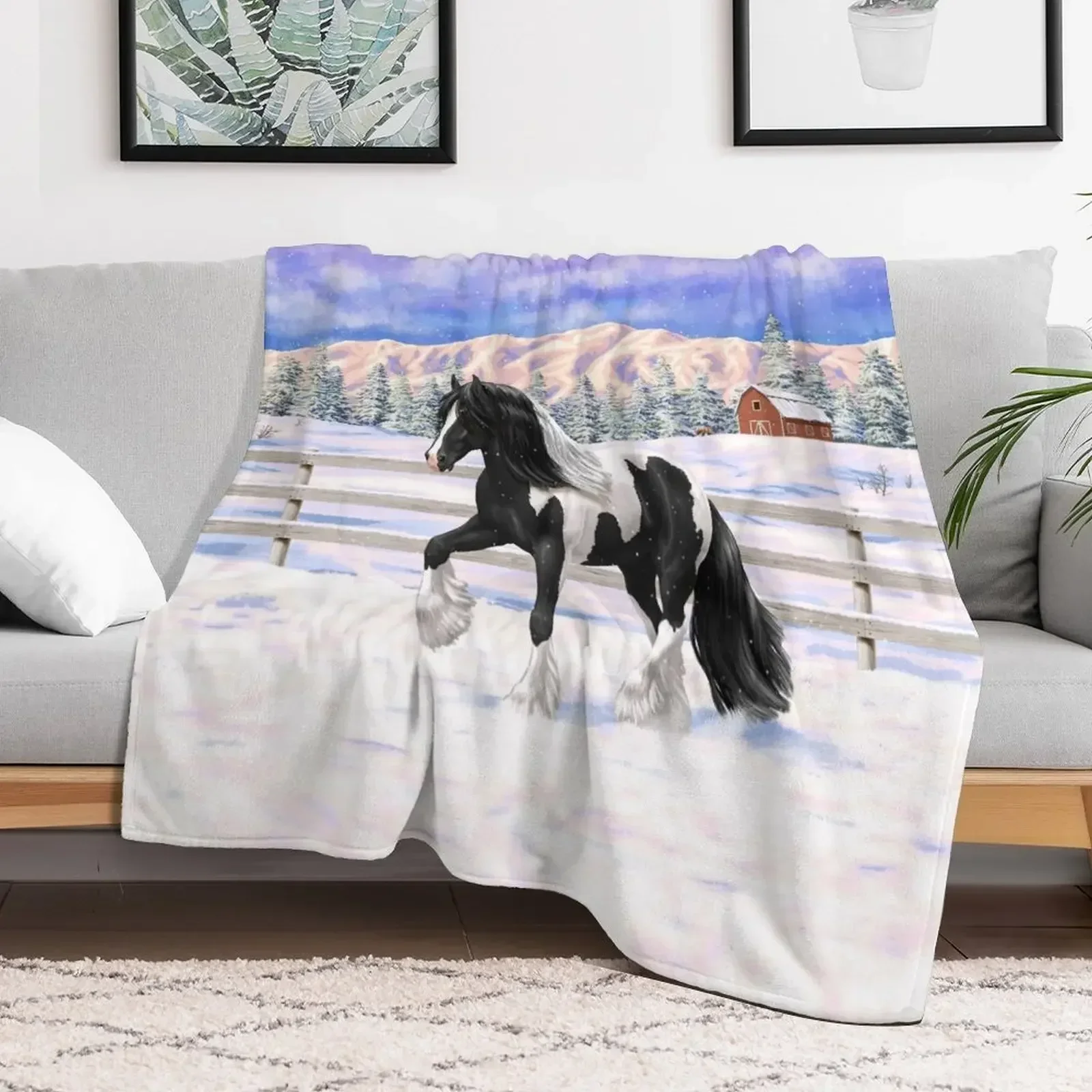 

Black Pinto Piebald Gypsy Vanner Draft Horse In Snow Throw Blanket Large Hairys Cute Sofa Throw Blankets