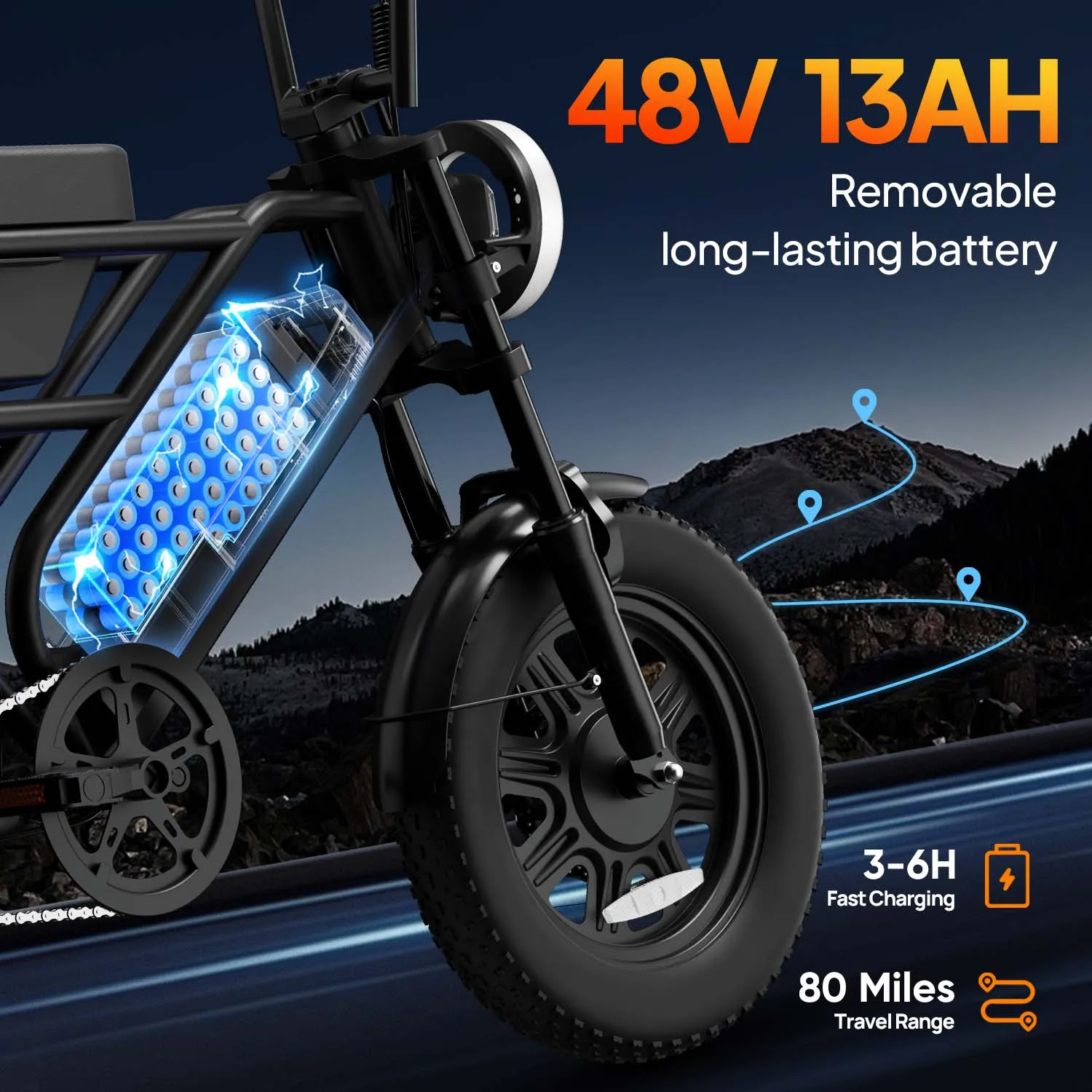 URLIFE T16 Ebike 500W Power 48V 13Ah 80Miles Range 16×3.0 Fat Tire Full Suspension LCD Display Commuter Electric Bike with Storage Box Lights Adult Holiday Gift