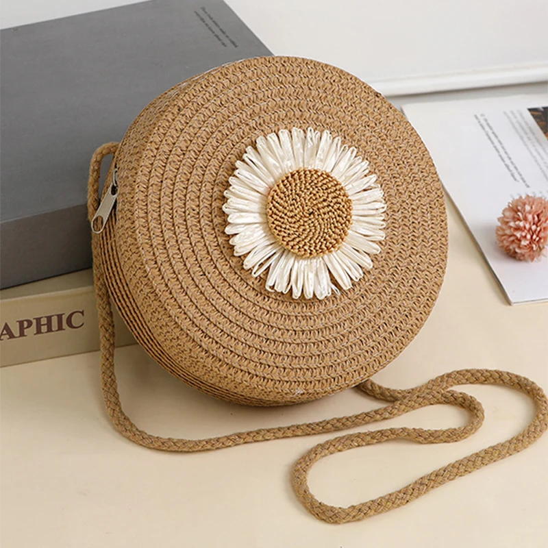 Travel Beach Straw Bags for Girl Summer Cute Flower Woven Crossbody Bags Mini Zipper Kids Princess Messenger Bags Photo Props image 3