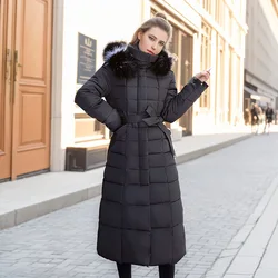 2024 Winter jacke weiblich warm unten Baumwolle gepolstert schwarz Parkas lange geste ppte Tops Mantel Frauen mit Kapuze Pelz gürtel dicke Jacken