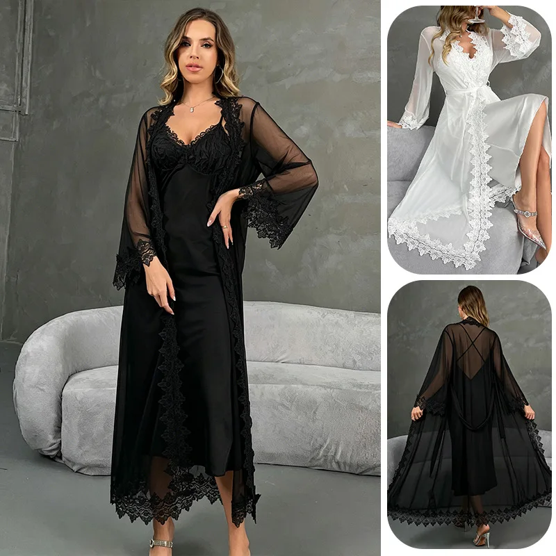 Women's Sexy Lace Robe Set Mesh See-through Long Robe With Camisole Dress Home Wear Casual Elegant Style Dress For Woman 7BXW