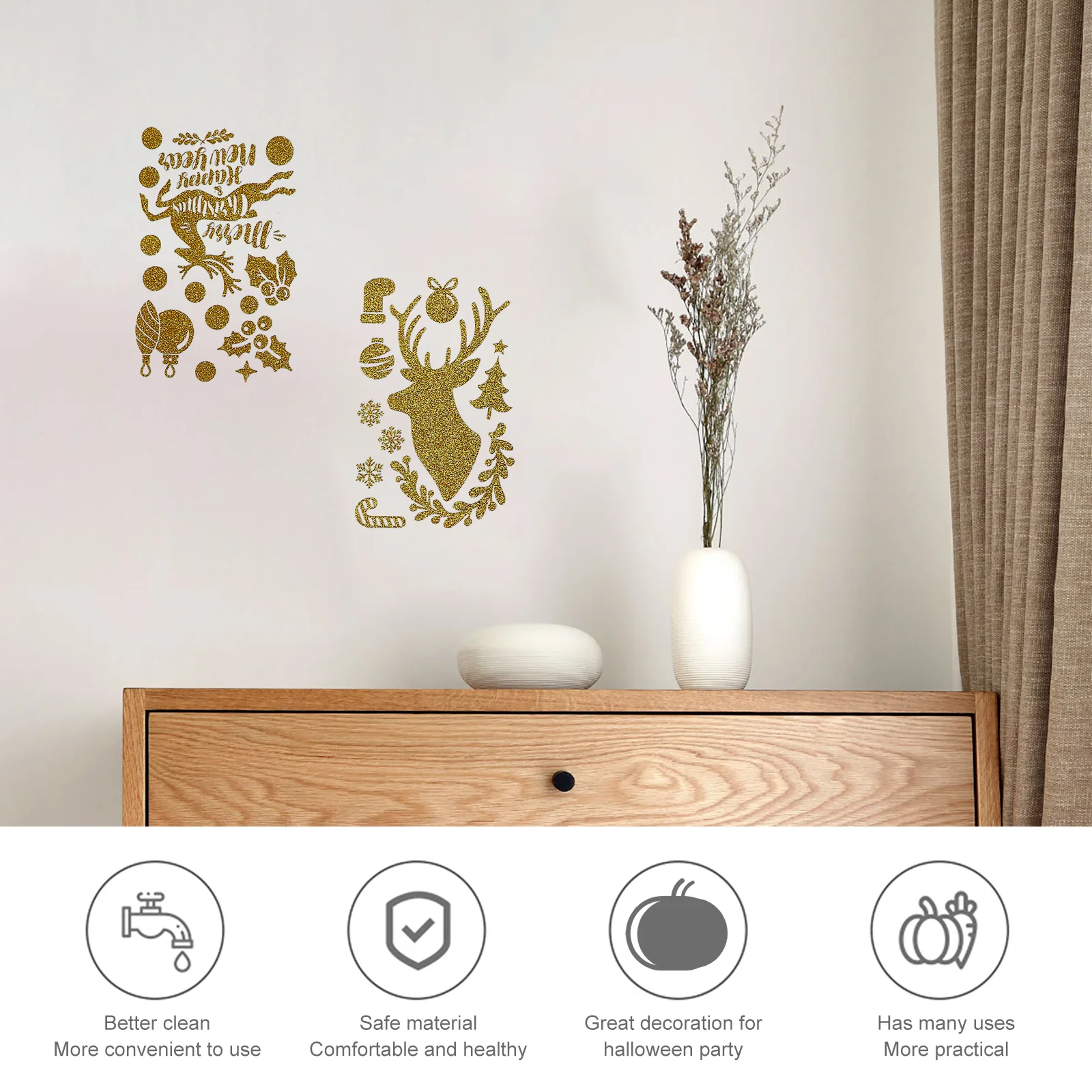 

9 Sheets Christmas Static Window Stickers Creative Sprinkle Gold Xmas Theme Decals Decorative Party Glass Door Wall