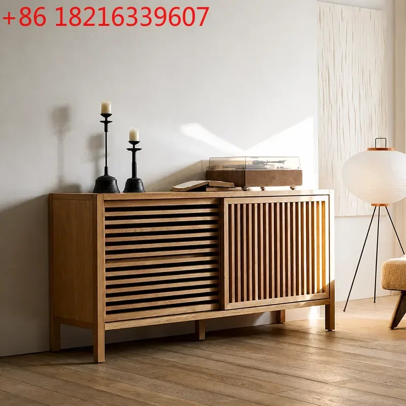 YAOMedieval Style Sliding Door Horizontal Stripe Side Cabinet Chest for Living Room Wall Integrated Storage Locker