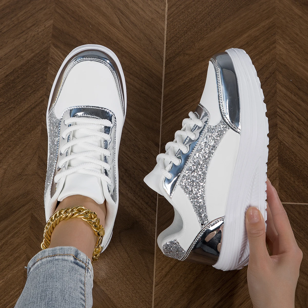 Sneaker Metal Color Casual Vulcanized Sport Shoes Fashion White Shoe for Woman Flats Shoes Summer Breathable shoes Women