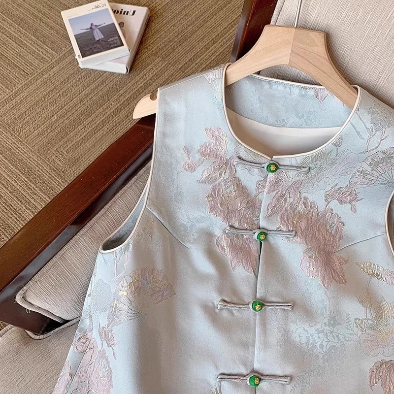 Retro Chinees Sle rond Ne Svel Vest ex Vroege herfst Faionable Layering Trendy Crop Top Plant Bloemenborduurwerk