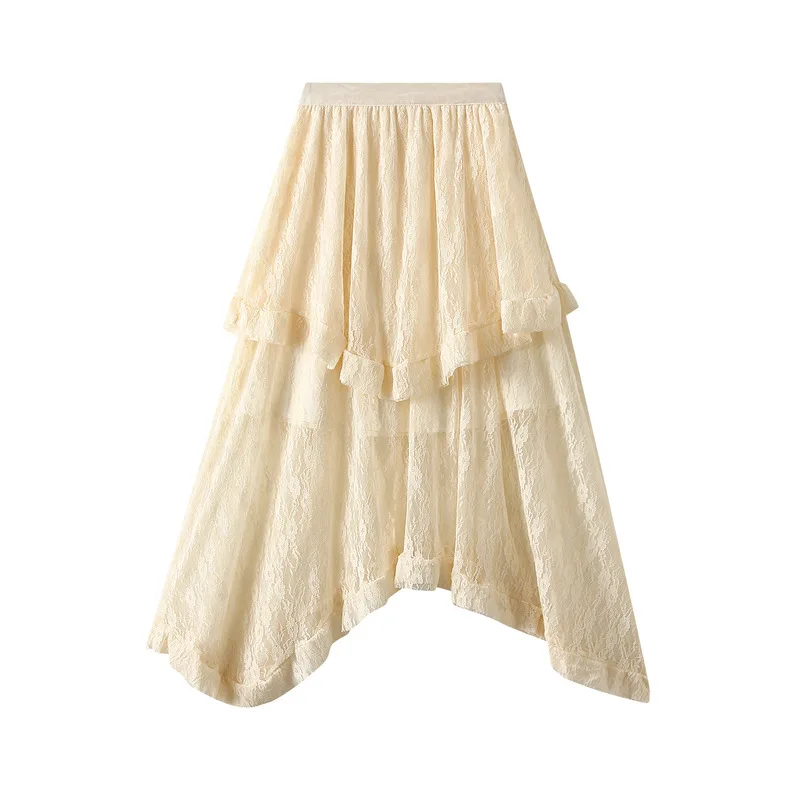 

Irregular Mesh Lace Skirt, High Waist, Draping, Medium Length, Summer, New, 2022