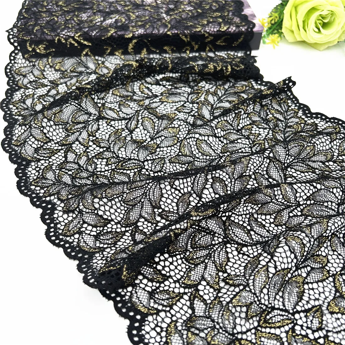 3y/lot Width 23cm Black With Golden Foil Elastic Lace Trim Lingerie Sewing Craft DIY Apparel Fabric Lace Dress Garment Accessory