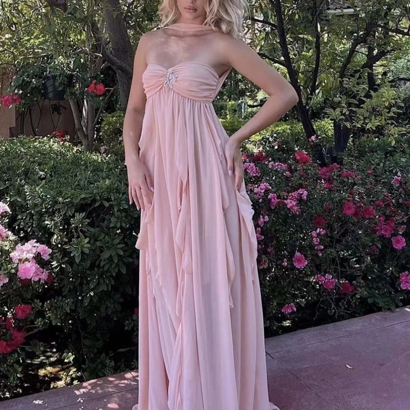 Women Summer Boho Sleeveless Choker Halter Rhinestone Starfish Decor Backless Irregular Ruffled Hem A-line Long Dress