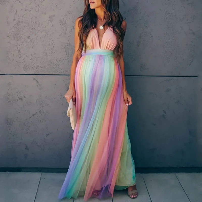 

Spring and summer new pregnant mother pregnant woman big pendulum mesh rainbow color print dress party sexy temperament elegant