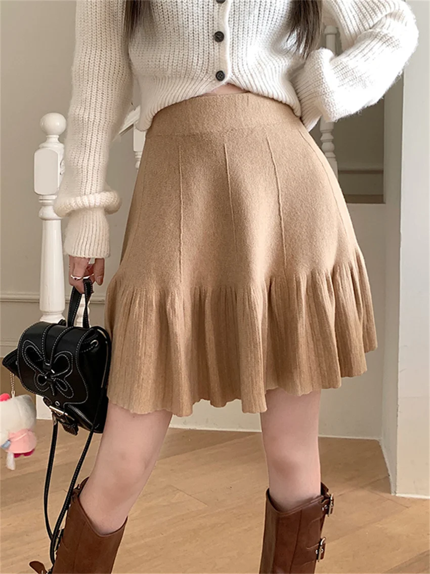 

Alien Kitty 4 Colors New Arrival Women Knitwear Mini Skirts Ruffles A-Line High Waist Loose Chic Casual Pleated Slim Gentle