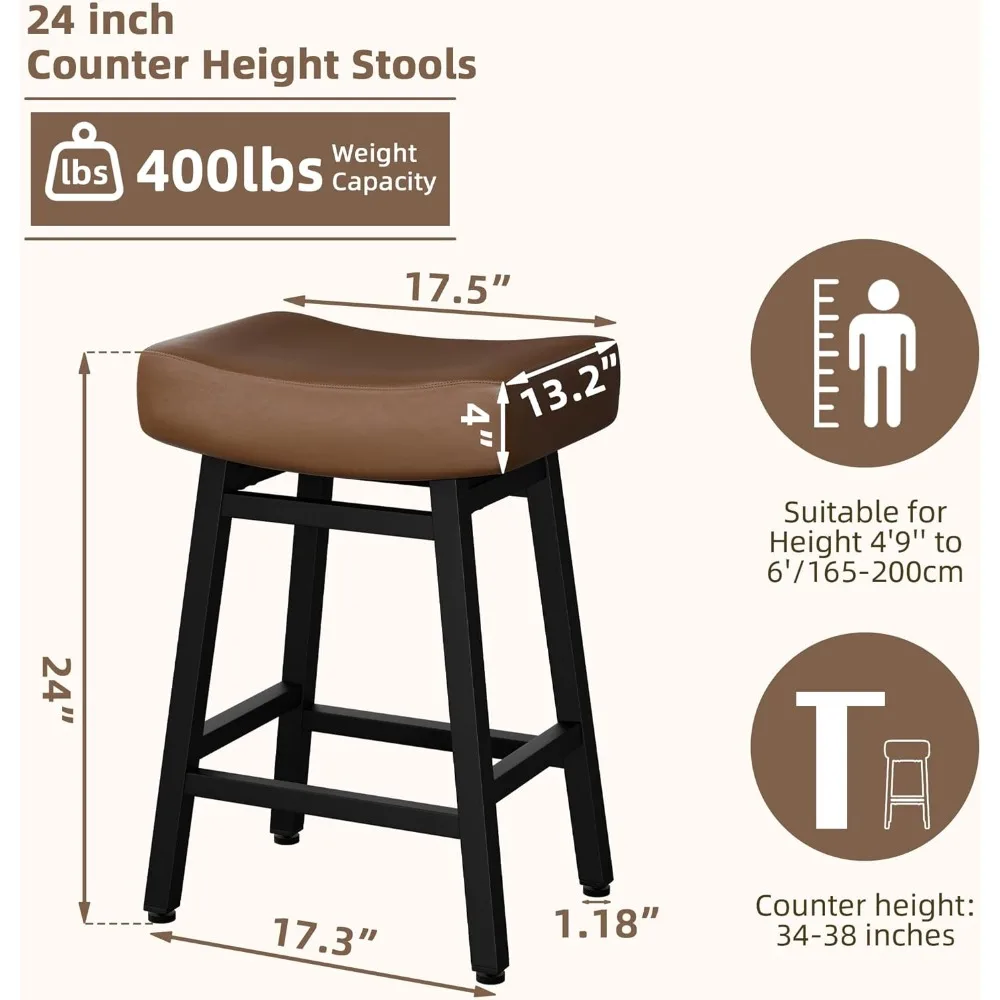 Counter Height Bar Stools Set of 2, 24 Inch Backless BarStools for Kitchen Island Leather Saddle Bar Chairs Kitchen Stools with