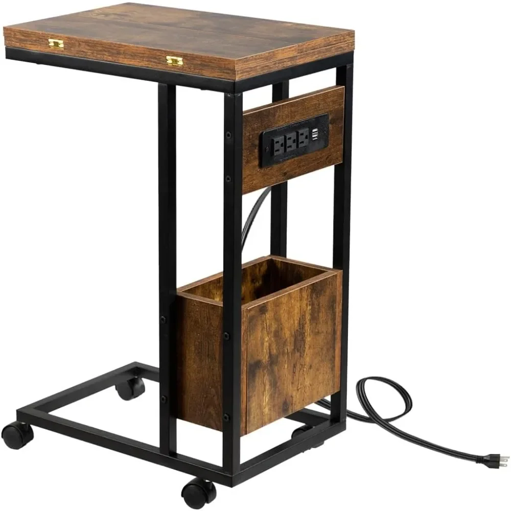 طاولة جانبية مع محطة شحن، طاولات C قابلة للطي، طاولات صينية دوارة، صواني تلفزيون، طاولة فوق السرير على شكل C #1