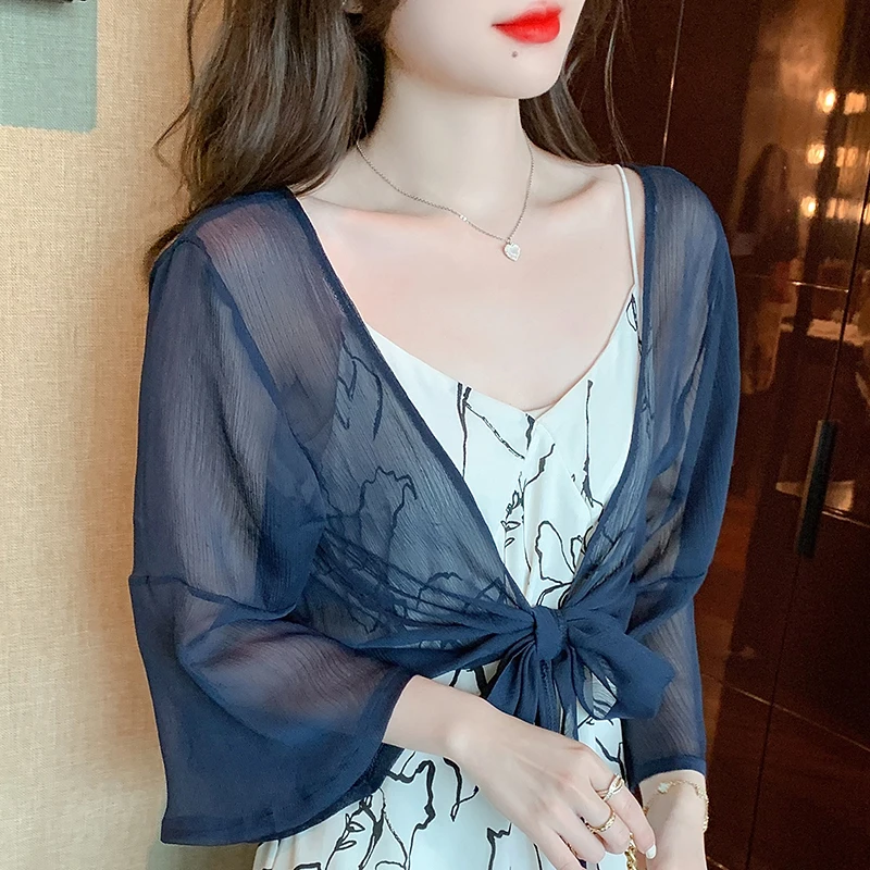 

Women's Tie-Front Thin Sheer White Red Navy Blue Chiffon Shirts Elegant Ladies Flare-Sleeve Shrug Top Summer Boho Short Cardigan