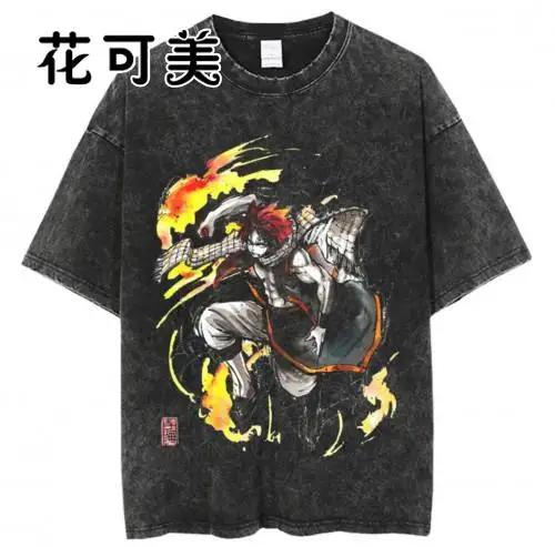 

Japanese Explosive Popular Anime FairyTail Fairy Tail Centennial Mission Short Sleeve T-shirt Vintage Wash for Men and Women