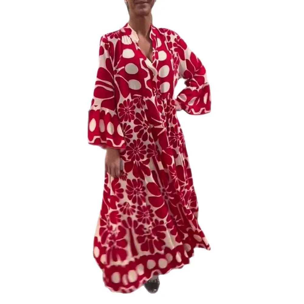 ชุดสตรีเดรสเดี่ยวแขนยาวพิมพ์หลวมBohemian 2025 ฤดูร้อนSpliced BohoสายVestidos