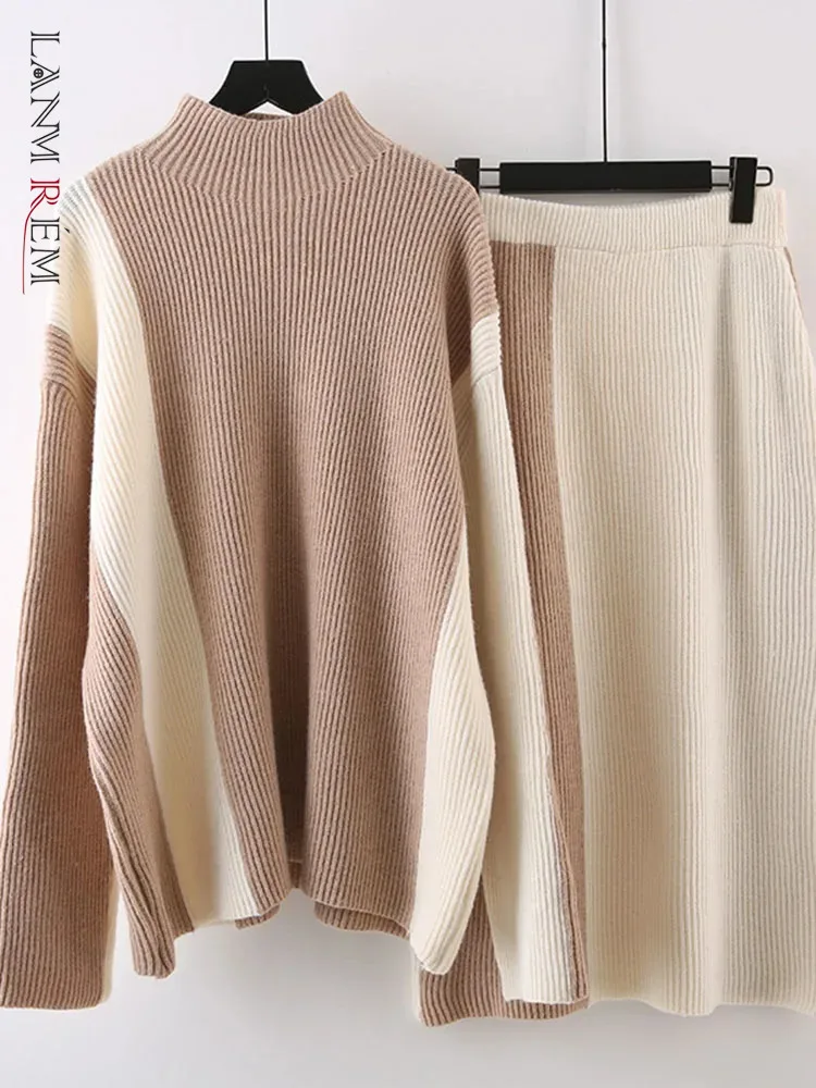 

LANMREM Fashion Knited Two-piece Set For Women Turtleneck Contrast Color Tops With Elastic Waist Skirt 2024 Autumn New 2Z2254