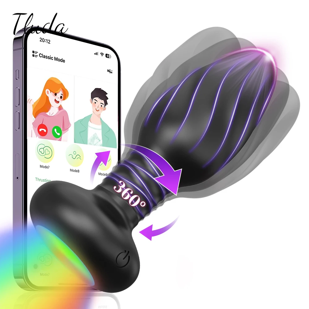 360 °   Wiggle Rotation LED Butt Plug dla mężczyzn Masażer prostaty APP Wibrująca wtyczka analna Wibrator analny Mężczyźni Seks zabawka dla par