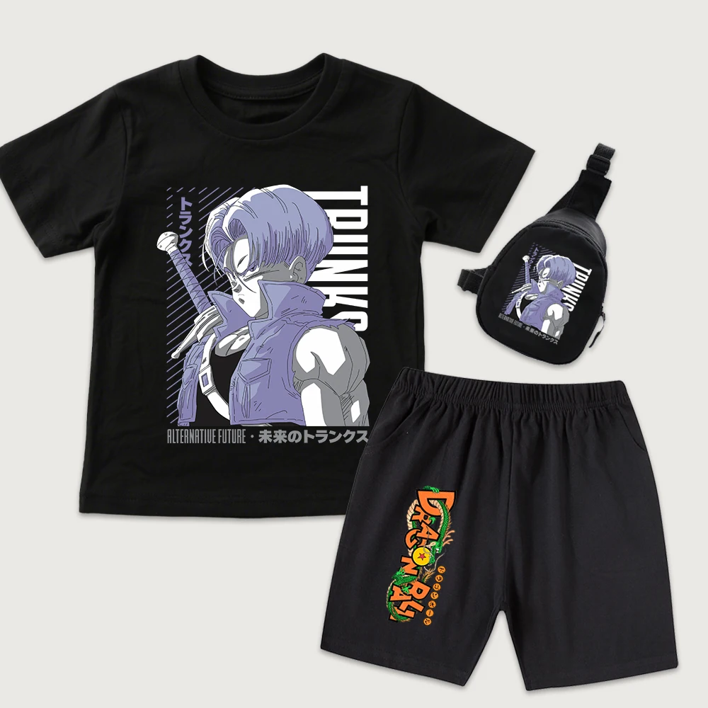 Dbz Trunks Anime Print Kids Cotton T Shirt Shorts Set with Mini Chest Bag 3pcs for Boys Girls Casual Summer Outfit