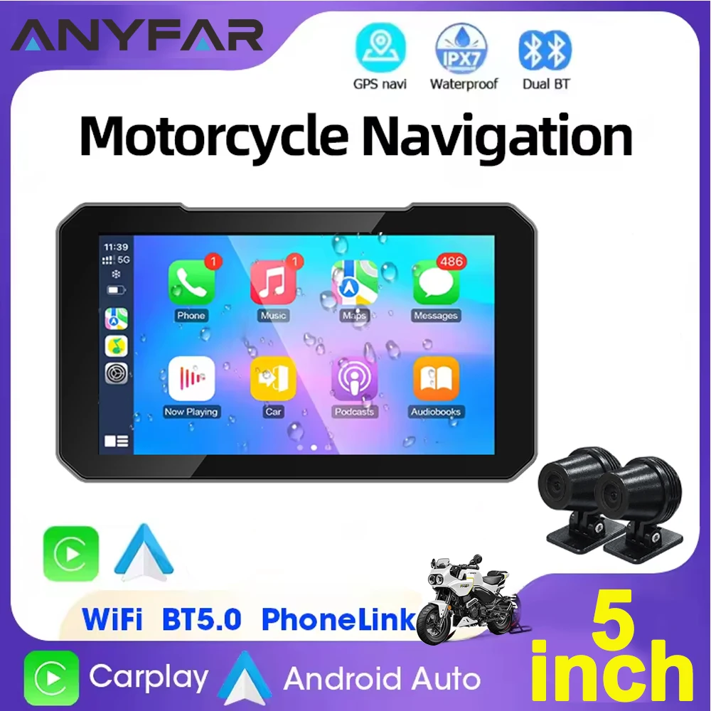 شاشة CarPlay للدراجات النارية مقاس 5 بوصات تعمل باللمس تدعم تسجيل الكاميرا المزدوجة مع CarPlay اللاسلكي وAndroid Auto IP67 Waterpr #1