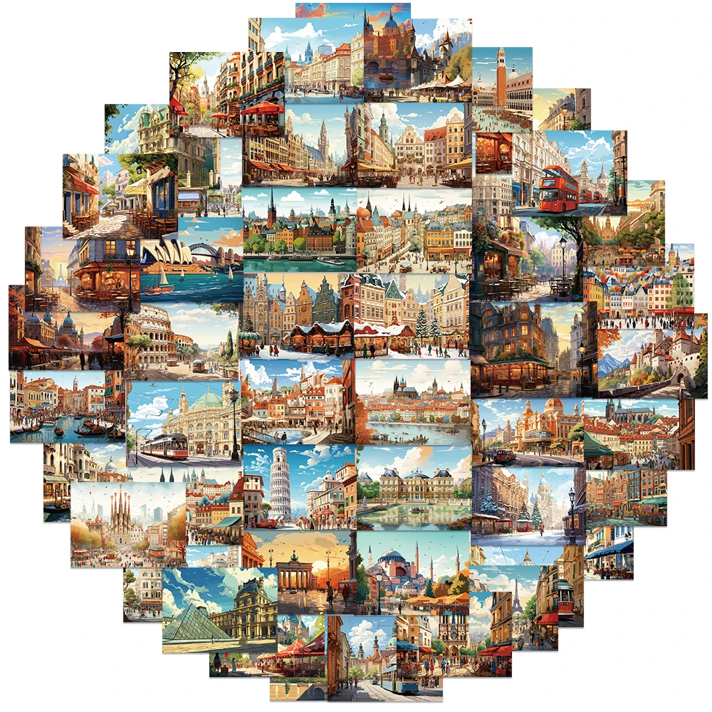 50pcs Cartoon European architecture Stickers Decal For Luggage Laptop Phone Graffiti Waterproof Sticker Gifts for Adults Kids