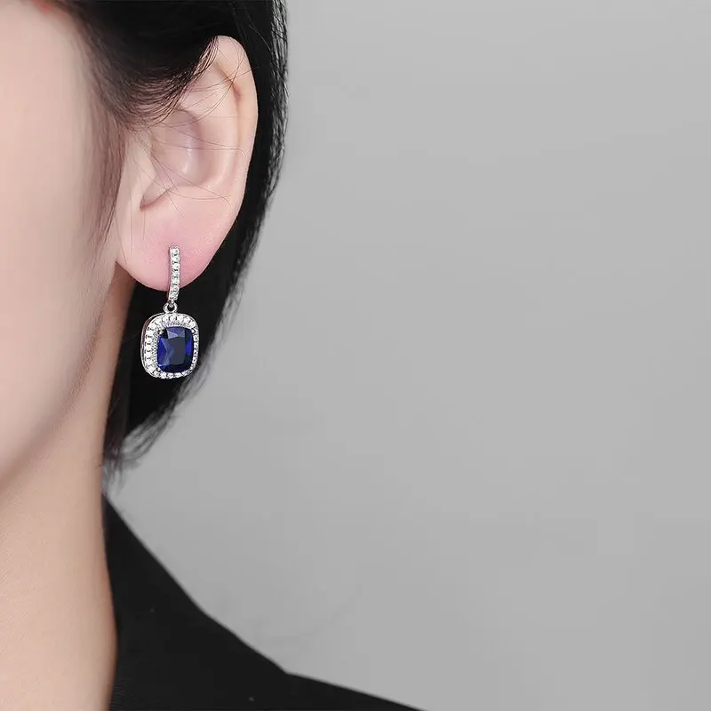 Classic Royal Blue Zircon Square Stud Earrings For Women Silver Color Bridal Wedding Engagement Party Jewelry Mothers Day Gifts