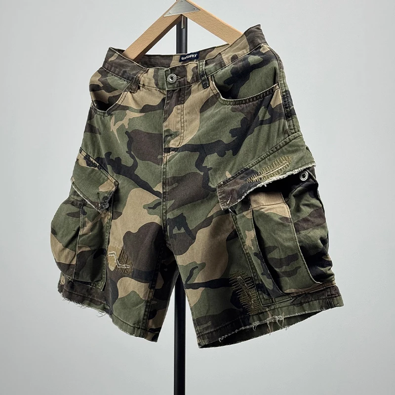 

Мужские летние шорты-карго из чистого хлопка с камуфляжным принтом, прямые, с множеством карманов, для активного отдыха