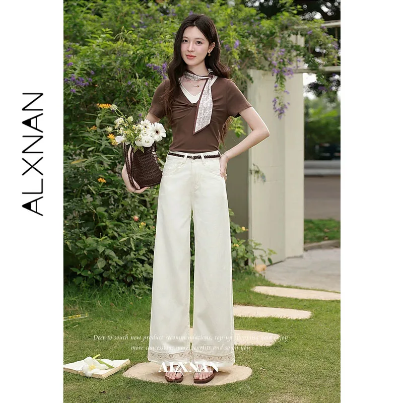 ALXNAN Women's Jeans Wide-leg High Waist Straight Loose-fit Denim Pants Casual Lace Trim Embroidered Cuffs Baggy Pants L65712
