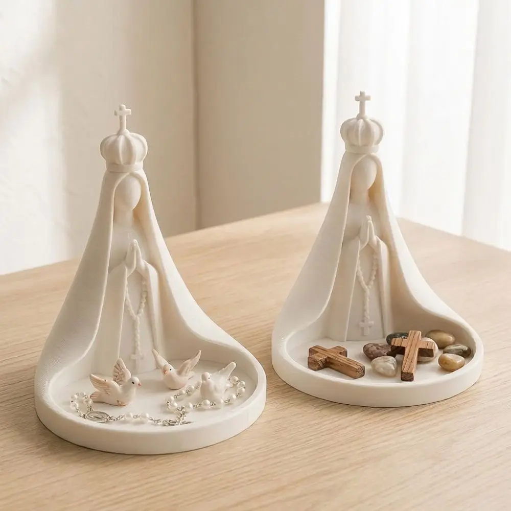 3D Printing Crown Shape Jewelry Tray Plastic Faceless Mary Cross Stitch Bead Dish Catholic Art Sculpture