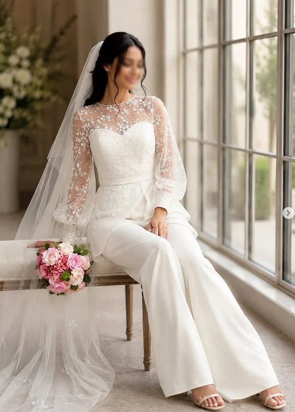 Bohemian Beach Jumpsuit Wedding Dresses Lace Floral Long Sleeve Sheer Neck Summer Holiday Bride Gown Suit Outfit Customized