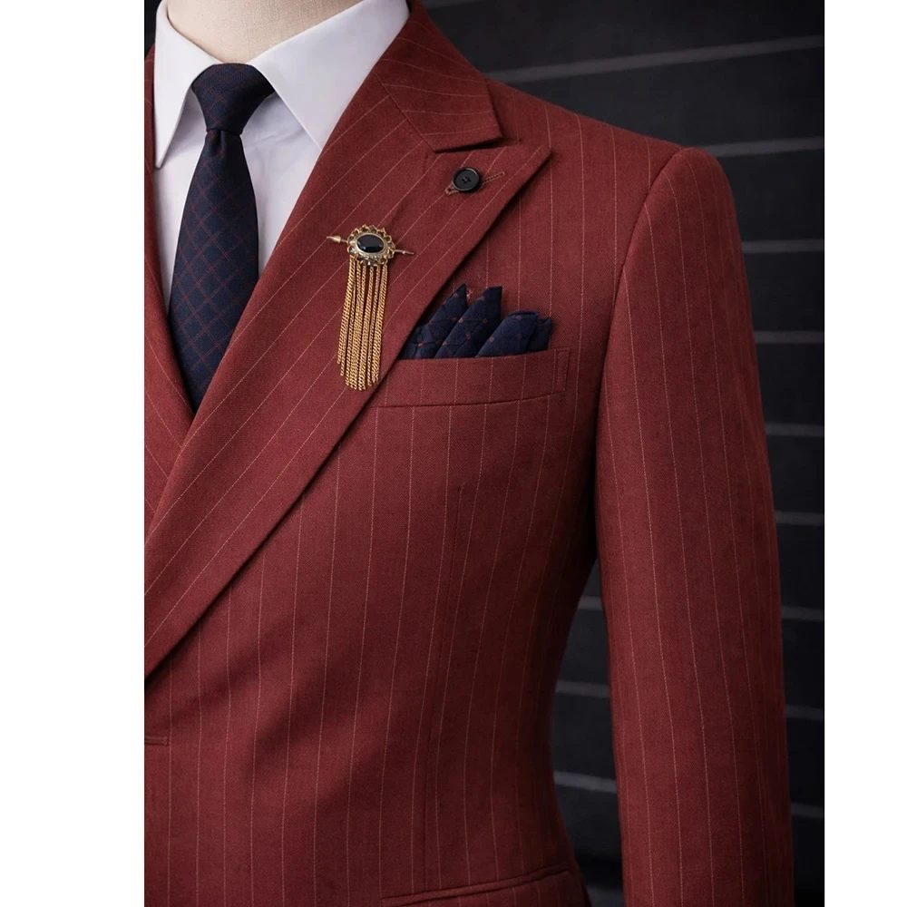 Pinstripe Formal Men's Suits With One Button Wedding Peaked Lapel Blazer 2 Pieces Jacket Pants Custom Outfits Costume Homme