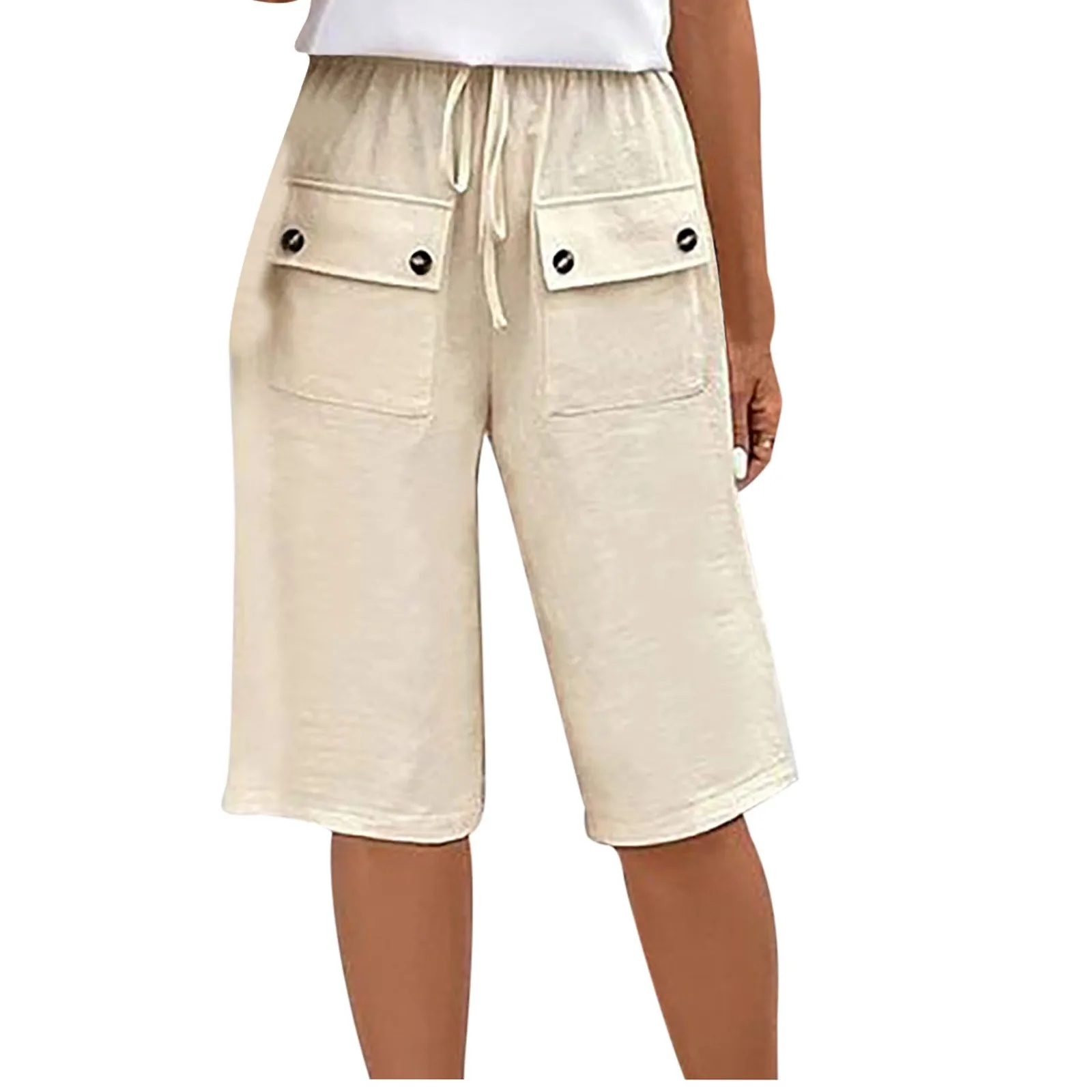 

Drawstring Waist Front Pockets Sports Shorts Trouser Female Solid Color Summer Straight Wide Leg Casual Pants Five points New