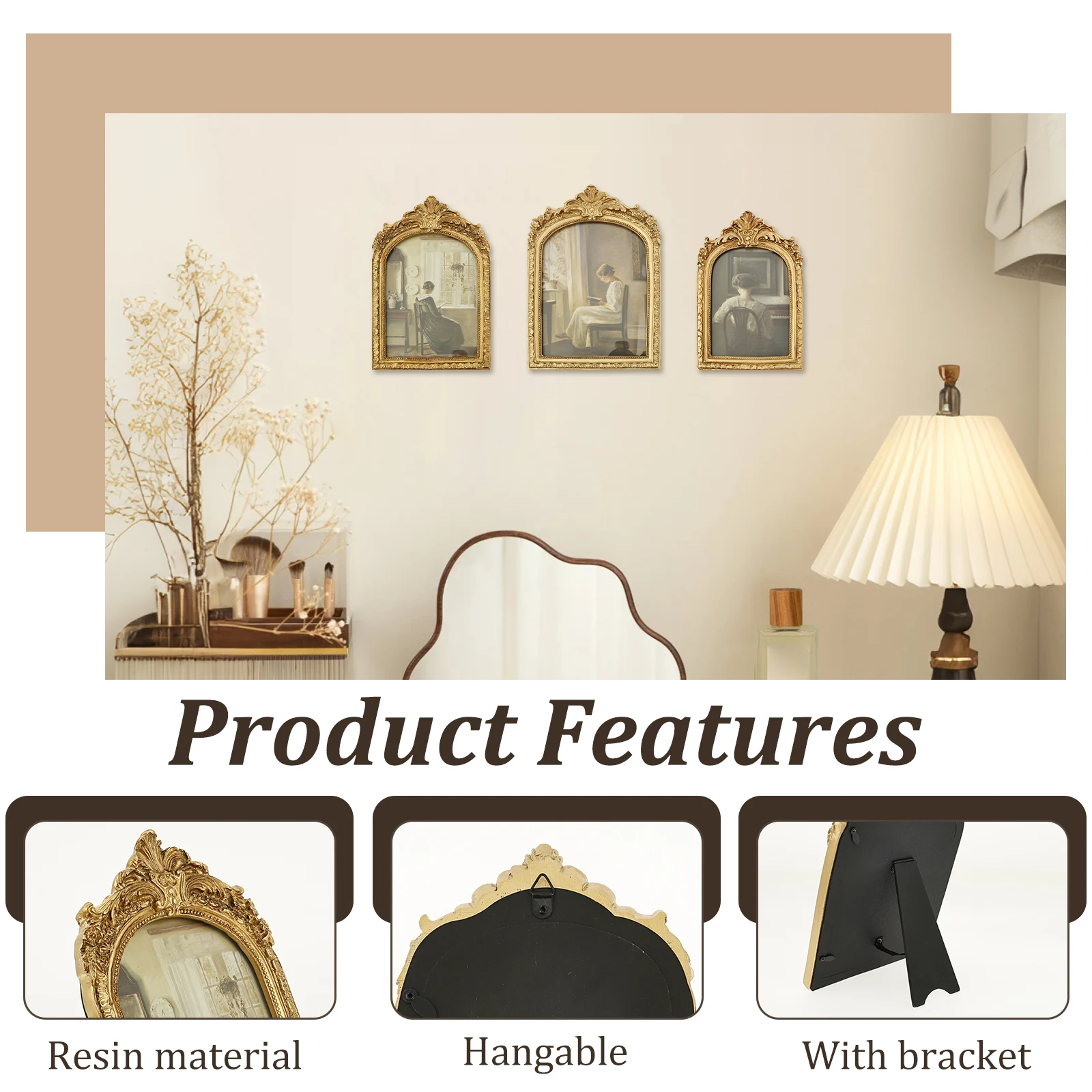 2/3 قطعة إطار الصورة خمر الذهب هوى مقوس إطار صور ديكور معلق الراتنج إطارات الصور لغرفة المعيشة غرفة نوم وديكور المنزل #5