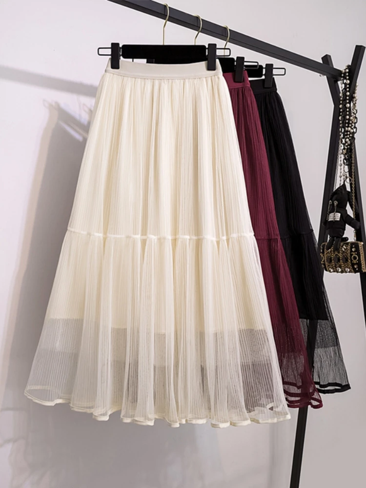 

Summer New plus Size Women's A-Line Midi Skirt Mesh Chiffon Slimming Hip Covering Cake Skirt High Waist Korean Style Commute