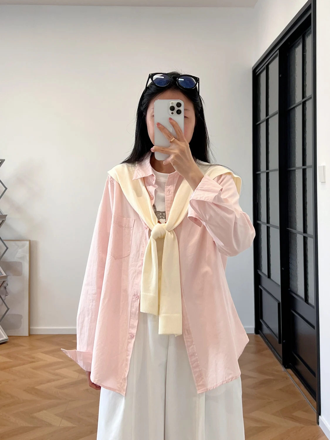 

Pink Sweet Long Sleeve Shirt Two-Piece Set Women's Spring Korean Style Pure Color Washed Cotton Turn-down Collar Shirt