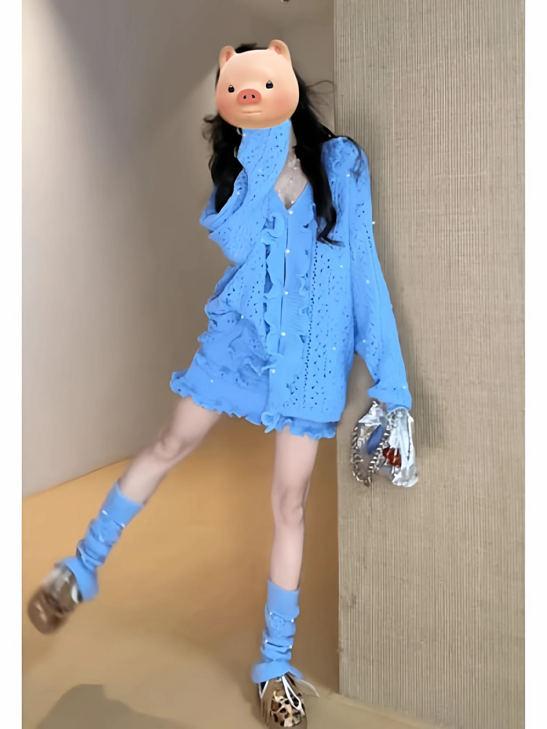 

plus Size Knitted Top And Skirt Set with Beads V-Ne Puff Sve High Waist Spring Faion Casual Wear Breathable Cotton Blend