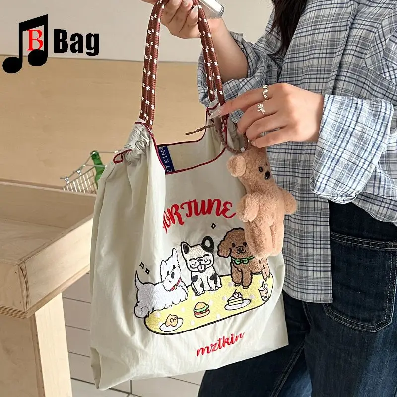 

Женские нейлоновые сумки на одно плечо с вышивкой для щенков, тканевые сумки для покупок большой вместимости, японская модная сумка-тоут