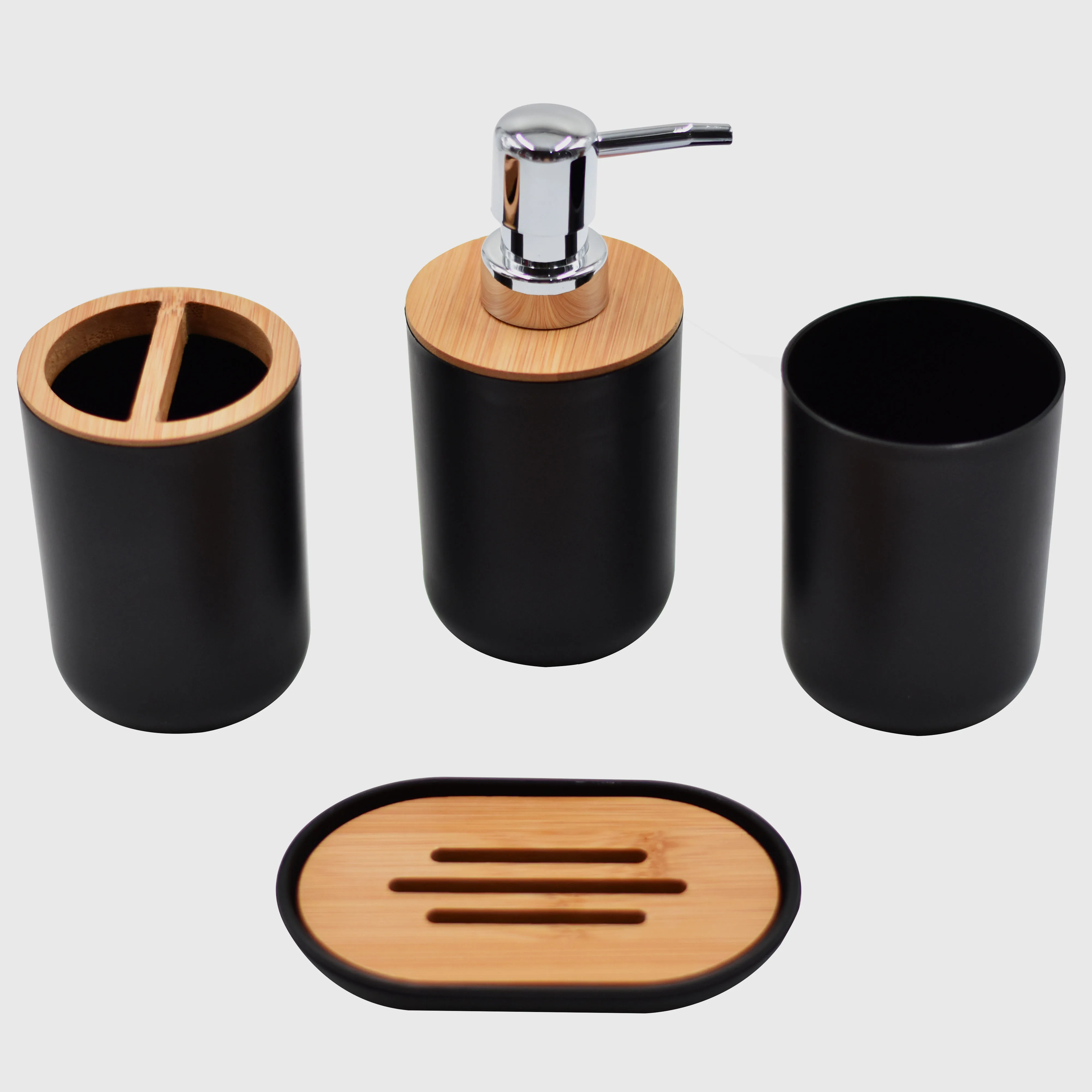 Bathroom Accessories Set Resin and Wood Soap Lotion Dispenser Soap Dish Toothbrush Holder Tumbler Pump Bottle Cup Black or White