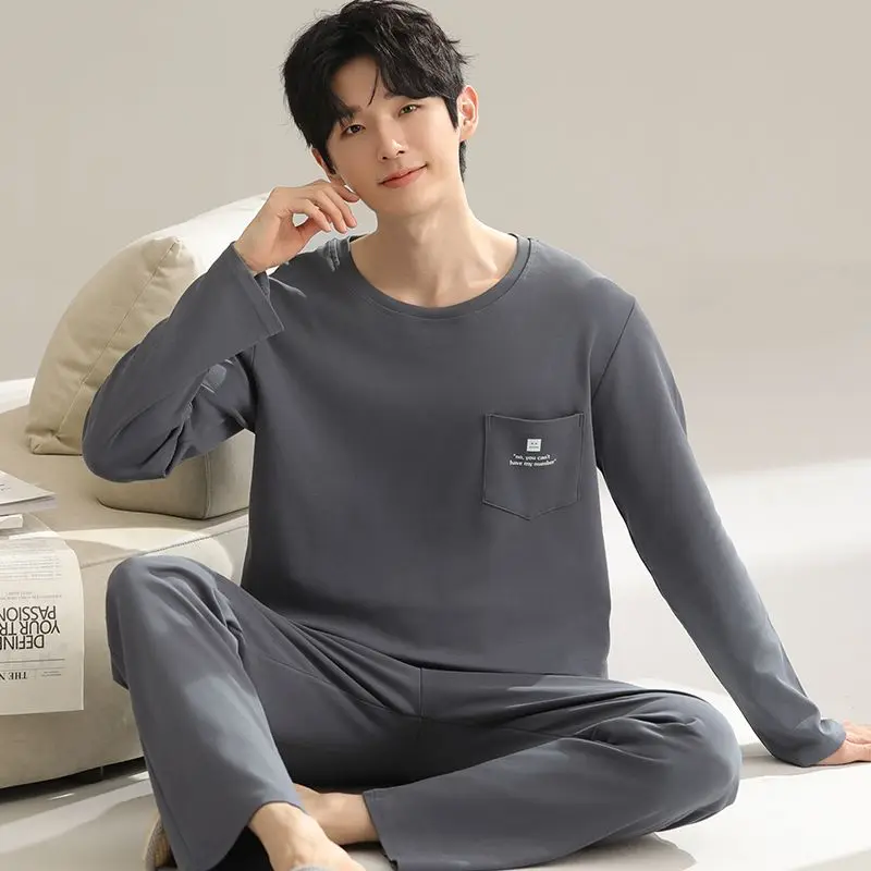 男性用長袖パジャマセット,韓国パジャマ,ルーズフィット,綿100%,高品質,秋,2022