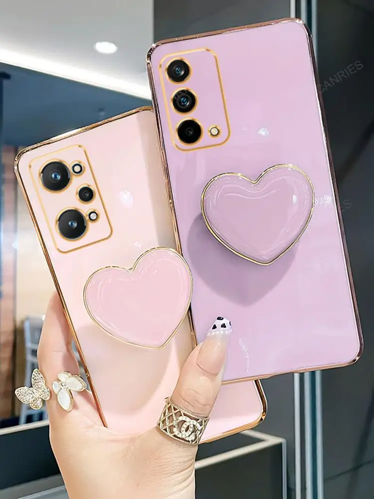 Love Heart Phone Holder Luxury Plating Case For Oppo Realme Gt Neo 2 3t 3 T Q5 Pro Master Edition C35 5G Stand Silicone Cover