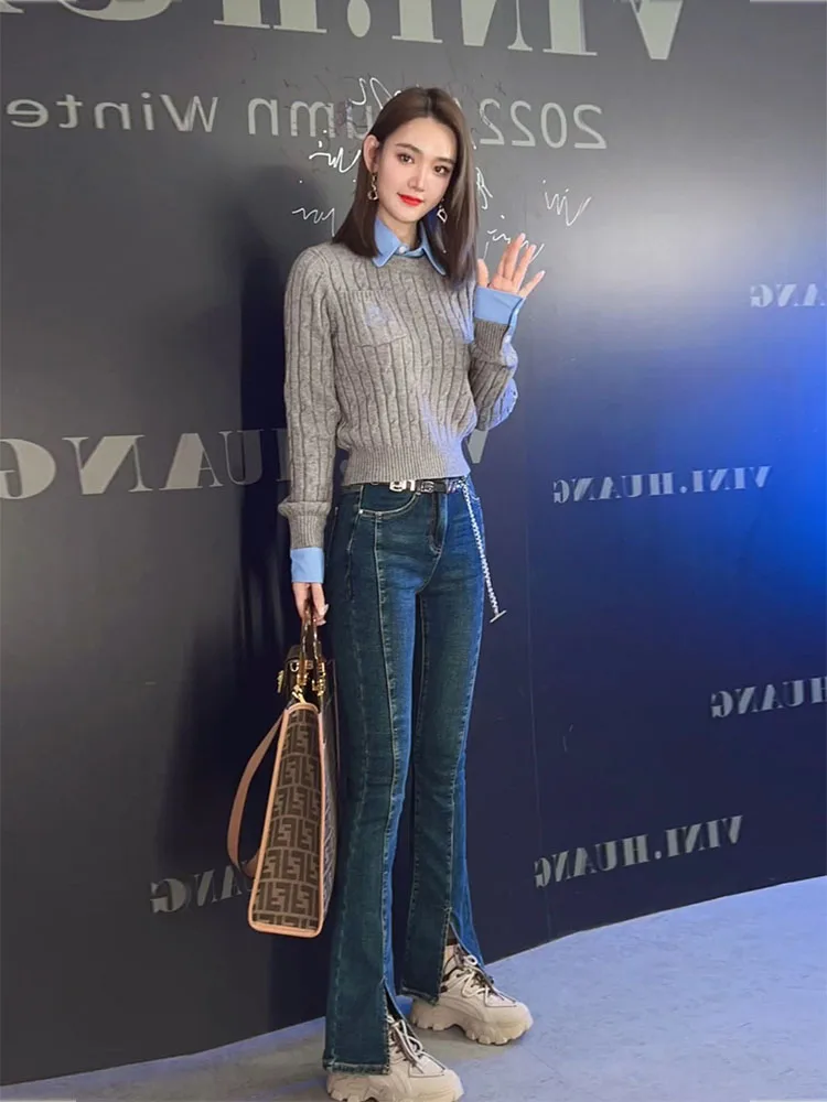 

Fall Salt Series Elegant Street Style High-End Feeling Cool Design Women's Knitwear Set Fake Two-Piece Sweater Ensemble