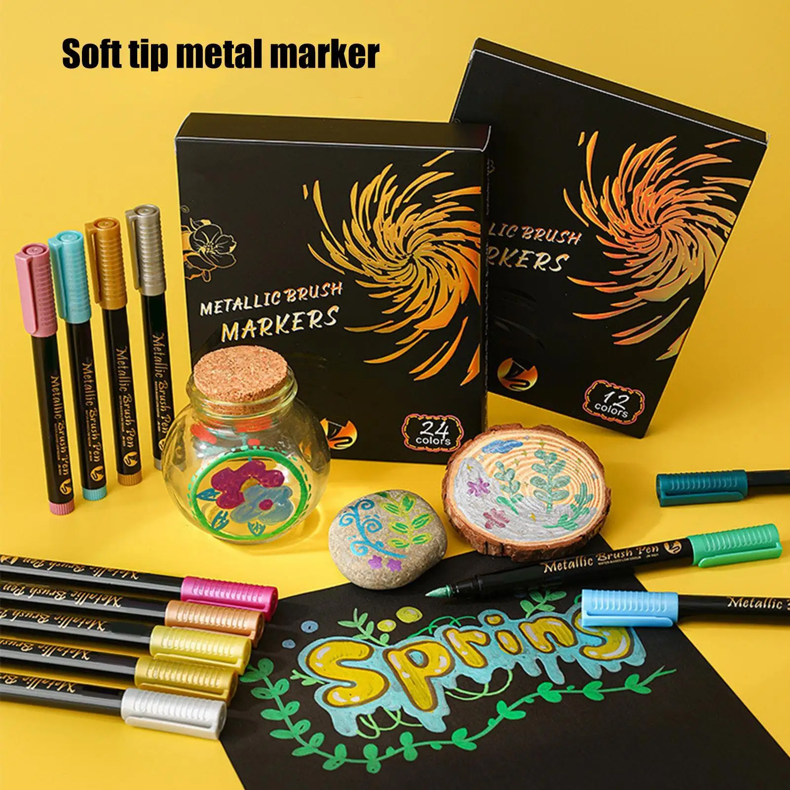 페인트 마커 12/24색 글리터 공예 용품 색칠 페인트 브러시 마커 펜 종이, 돌, 나무, 유리, 천, 세라믹용