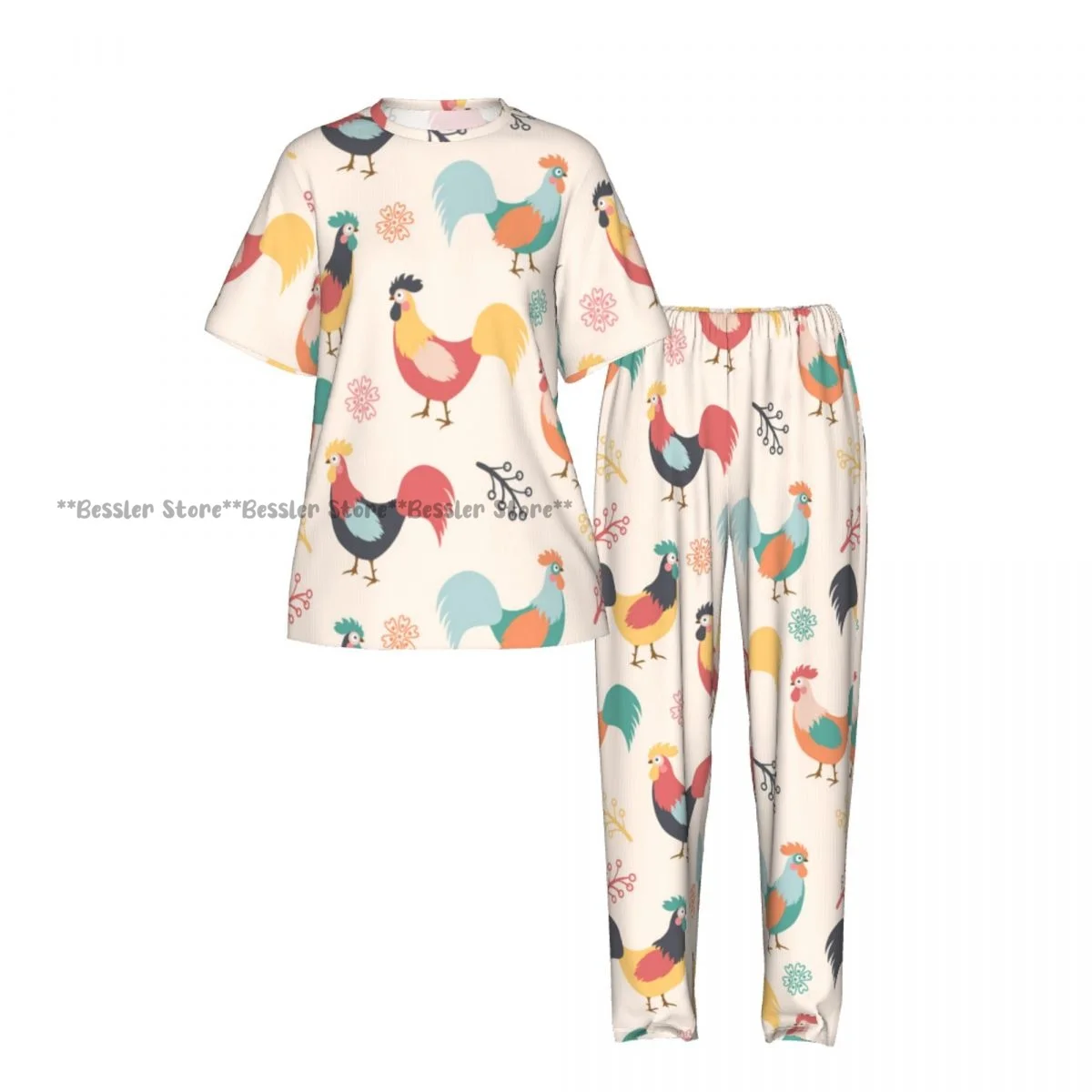 Women's Comfort Pajamas Women's Beautiful Roosters Branches And Flowers Background Short Sleeve Set Sleepwear