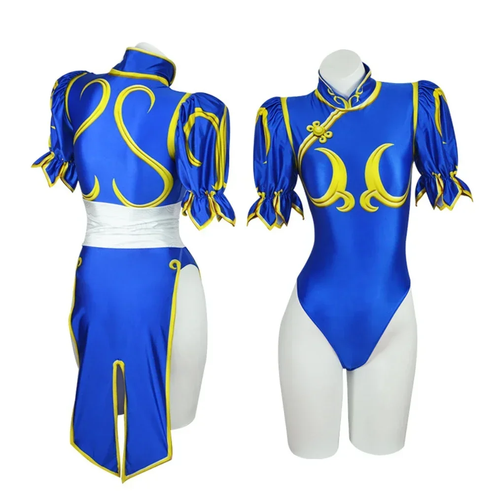 Game Sutorito Faita Chun Li Cosplay Costume Dress Chunli Blue Cheongsam Outfit Full Set Headgear Halloween Carnival Party