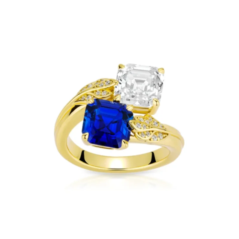 BELLUX Double Stone Ring 925 Silver Gold Plated Square Cut Blue White Leaf Shaped CZ Accents Vintage Inspired Fashion Ring