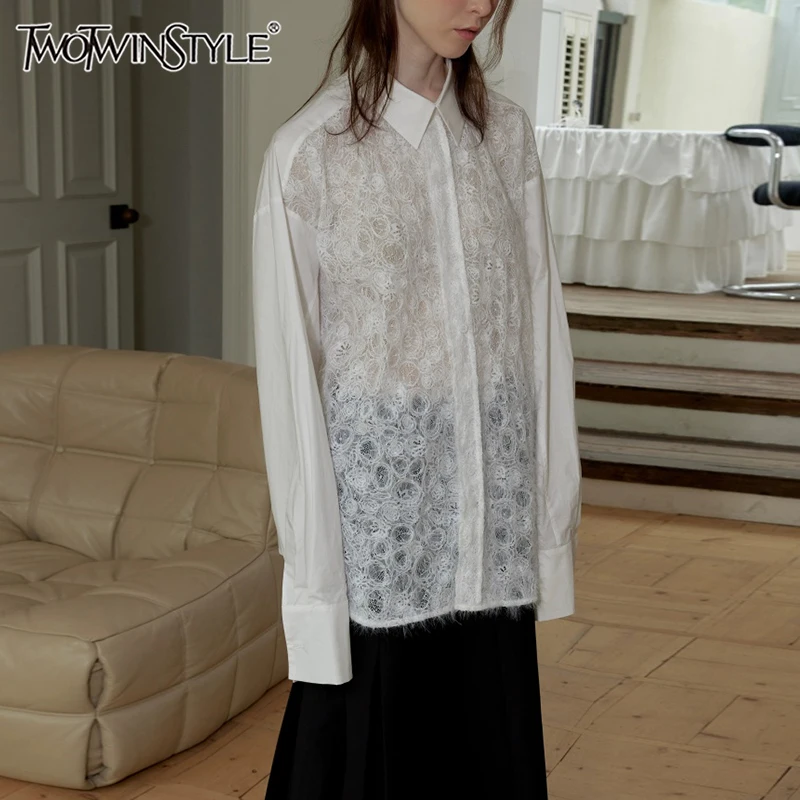 

TWOTWINSTYLE Solid Patchwork Lace Loose Shirts For Women Lapel Long Sleeve Spliced Single Breasted Minimalist Blouse Female New