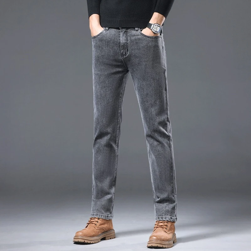 الخريف الشتاء أسود رمادي سميكة الجينز رجال الأعمال سليم صالح مستقيم سراويل تقليدية بنطلون عالية الجودة الرجال السراويل الطويلة #2