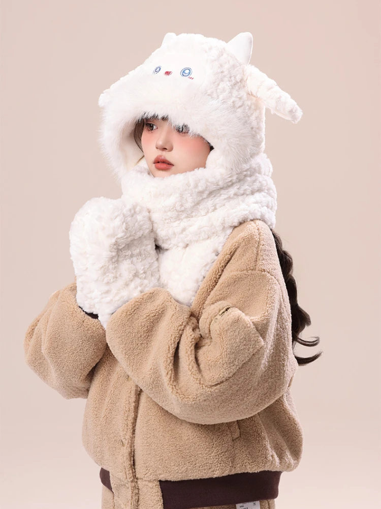 

Kawaii шапка с медвежьими ушками, модная зимняя теплая удобная утолщенная плюшевая толстовка из полиэстера, шапка, шарф, перчатки, комплект, теплая повседневная шапка для девочек