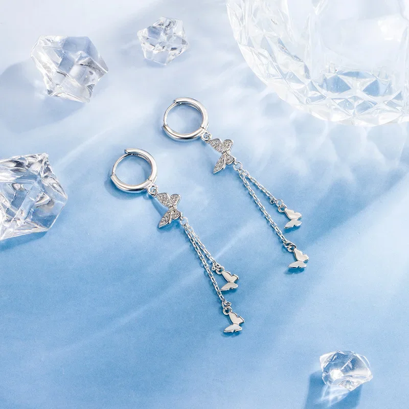 Silver Butterfly Tassel Dangle Huggie Hoop Earrings, Paved Crystal Multi‑Butterfly Long Chain Drop Earrings, Long Tassel Butterfly Charm Leverback Hoops Women Jewelry Gift